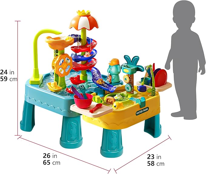 Water Table for Toddlers 1-3, 4-in-1 Outdoor Sand and Water Play Tables with Pump, Summer Kitchen Sink Toy with Fishing Game, Floating Boat, Sensory Gifts for Kids Ages 3-8