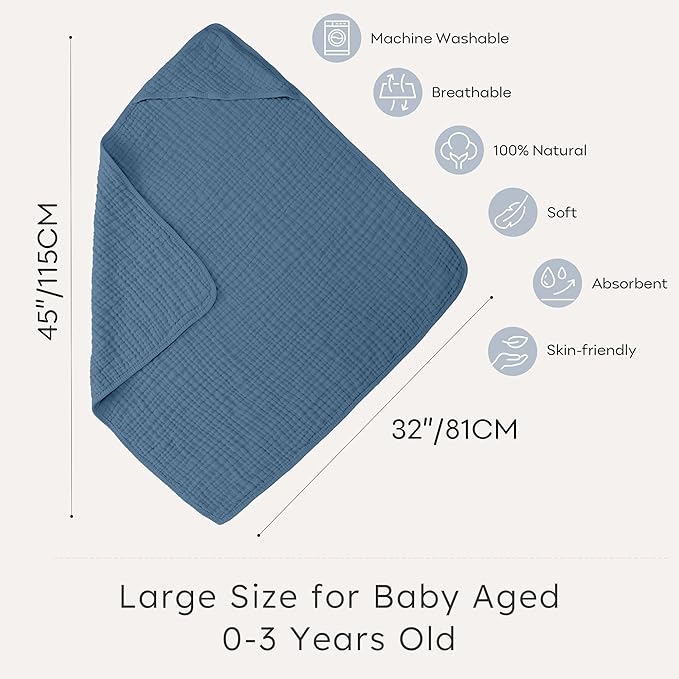 Looxii Baby Bath Towels 2 Pack Muslin Hooded Baby Towels for Newborn and Infants, 100% Cotton, Large 32x32Inch, Soft and Absorbent Gradient Blue