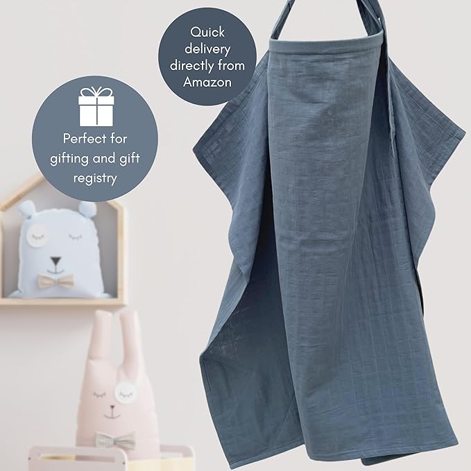 MOZAH 100% Organic Cotton Muslin Nursing Cover for Baby Breastfeeding, Breathable 100% Cotton Breastfeeding Cover with Rigid Hoop for Mother Nursing Apron, Multi-use Carseat Canopy (Blue Mirage)