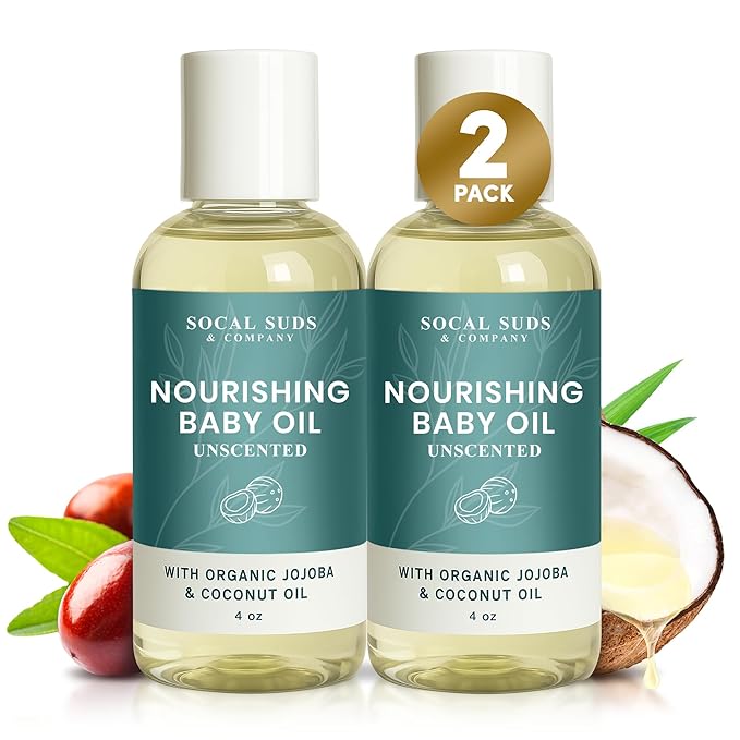 SoCal Suds & Company -Natural & Organic Baby Oil -Newborn Essentials -Gentle Moisturizing Nourishing Oil for Delicate Tender Skin -Vitamin-Enriched with Jojoba and Sunflower Oils - Fragrance Free, 4oz