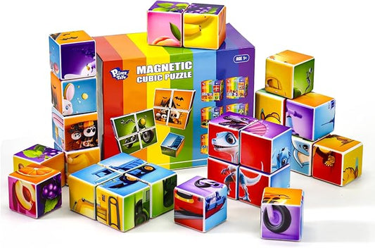 Magnetic Blocks for Toddler Toys, 6 Packs Total 24 PCS in 36 Patterns, Pack of 6 Random Themed Puzzles Bundle, Sensory Montessori STEM Travel Toys for Kids
