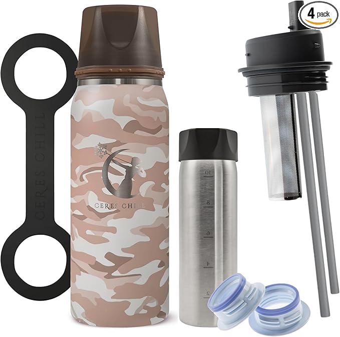CERES CHILL OG Breastmilk Chiller Bundle with Straw Lid & Infuser – 12–34oz Portable Breast Milk Cooler & 2 Storage Bottles with Universal Pump Adapters – In Plain Sight Camo