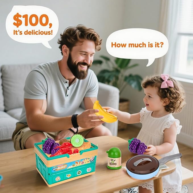 80Pcs Kitchen Playset, Toddler Pretend Cooking with Pots, Pans, Cookware, Food, Picnic Blanket, Fruits, Veges, Shopping Storage Basket, Dessert , Learning Gift for Girls Boys (Blue)