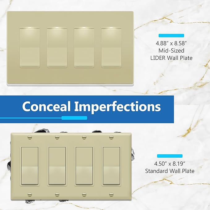 LIDER Matte Finish Decorator Switch Cover, Screwless Wall Plate, Mid-Size 4-Gang 4.88" x 8.58", Unbreakable Polycarbonate Thermoplastic, UL Listed, LSWP-34M-I, Ivory