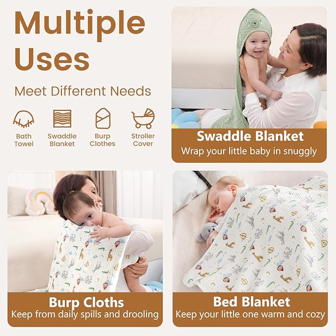 david's kids 2 Pack Hooded Baby Towels, Large 32"x32", 6 Layer 100% Muslin Cotton Highly Absorbent Boy Girl Bath Towel for Newborn, Infant, Toddler, Ultra Soft and Breathable Baby Essentials, Animals