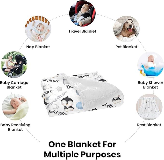 Ship Next Day Personalized Baby Blanket, Printed in USA - Custom Name Toddler Blanket with Penguin Pattern, Personalized