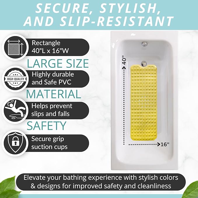 ENKOSI Bath Mat - Large Non Slip Bathtub & Shower Mat - Extra Long 40 x 16 Inch Bathroom Mats for Tub Nonslip Anti Slip Bathmats (Yellow), 1 Pack
