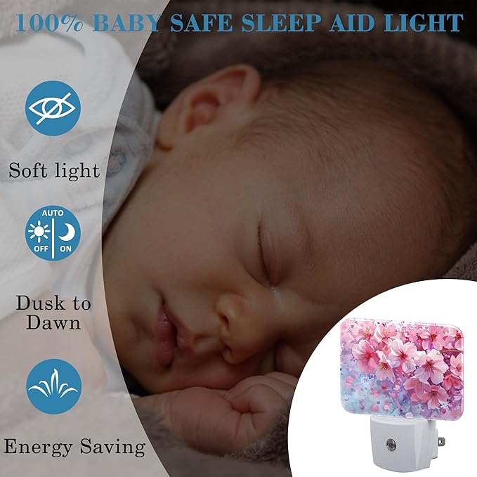 Watercolor Cherry Blossom Night Light Cherry Blossom Nightlight Plug into Wall with Dusk to Dawn Sensor for Kid Girls Boys Women Men Room, Hallway, Kitchen, Bathroom, Stairs Decor