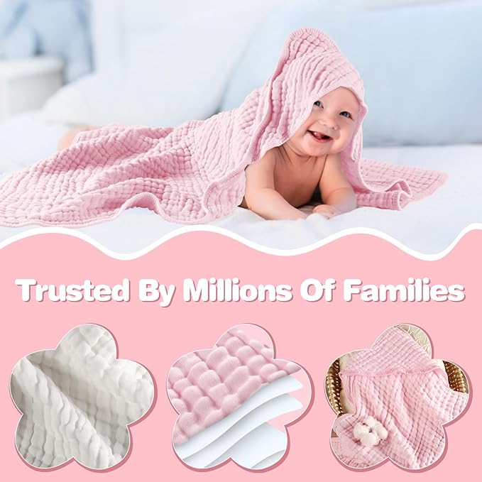 MUKIN Baby Hooded Towels, Muslin Cotton, 2-Pack, for Newborn, Infant, Toddler and Kids (White,Pink)