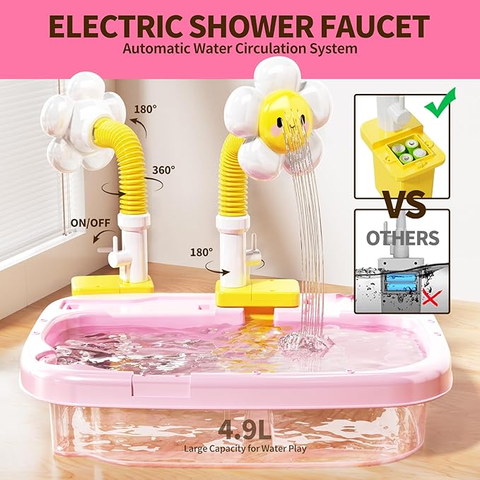 Water Table Play Sink Toys for Toddlers, Kids Play Kitchen Sink with Running Water, 360° Electric Faucet, Floating Fishing Game, Sensory Water Table Toys for Boys Girls Summer Gifts - Pink