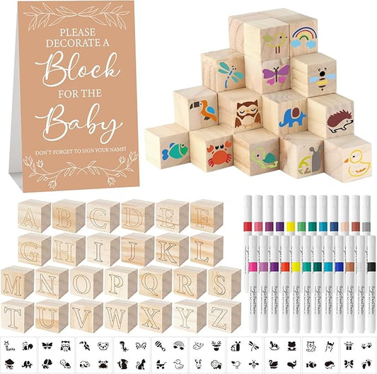 117 Pcs Baby Shower Blocks to Decorate Game Kit Includes 52 Wooden Blocks 24 Markers 1 Game Sign 40 Templates to Paint (Kraft)