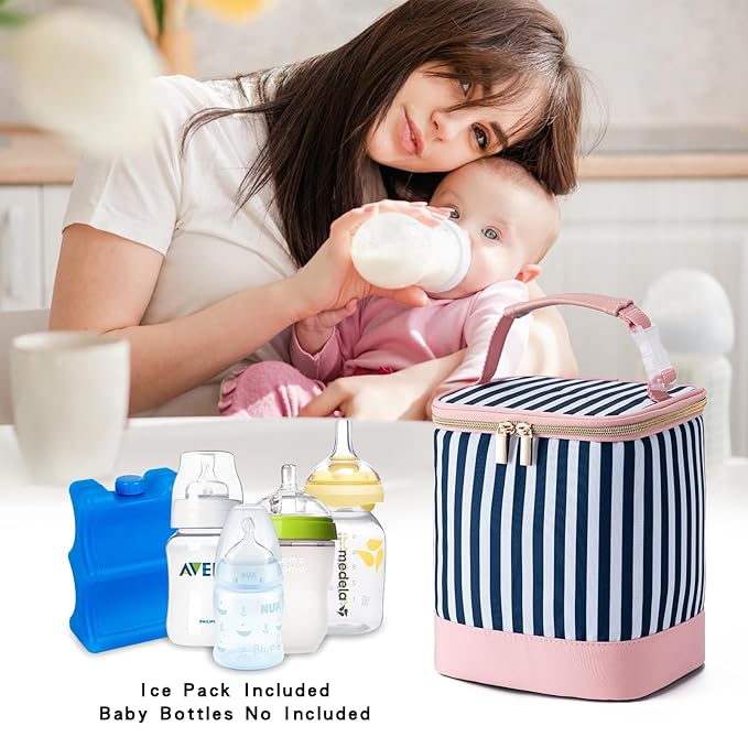 Breastmilk Cooler Bag with Ice Pack Fits 4 Baby Bottles Up to 9 Ounce, Baby Bottle Cooler Bag Suitable for Nursing Mom Daycare, Straps
