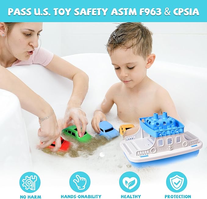 Toy Boat Bath Toys for Toddlers with 4 Mini Car Toys, Kids Water Toys Ferry Boat for Bathtub Bathroom Pool Beach Toys, Birthday Gifts