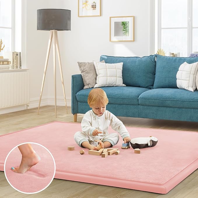 Baby Play Mat for Floor Tummy Time Mat Nursery Muscle Area Rug Playroom Rug Tatami 59"*71" Memory Foam 1.3" Thick Crawling For Babies,Toddlers, Infants, Kids,Floor(Pink)