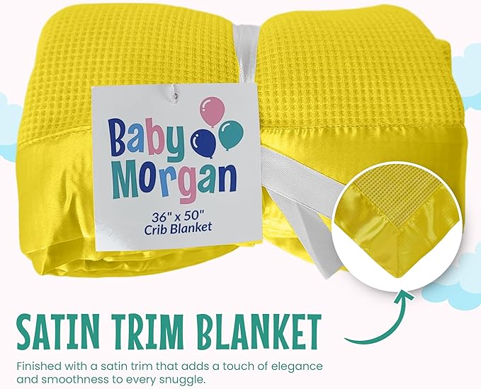 Blankets - Thermal Waffle Warm Baby Blanket for Crib - Soft and Cozy Baby Crib Blanket for Nursery, Stroller, or Naptime Comfort - Ideal Shower Gift - Yellow, Satin Trim (36" x 50")
