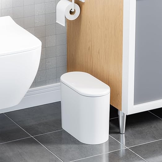 Yieach White 12L Pet/Dog Proof Bathroom Trash Can with Lid,3.17 Gallon Slim Trashcan and Skinny Small Covered Trash Can for Kitchen,Office,RV,Bedroom and Dorm,Plastic Covered Wastebasket,Garbage Can