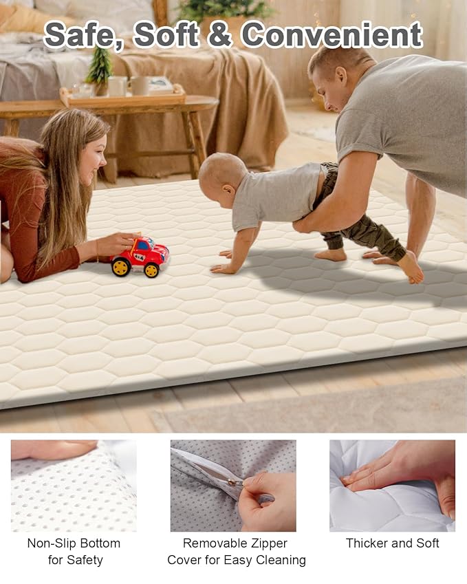 Premium Foam Baby Play Mat 50" x 50" with Removable Cover, Extra Thick Padding Playpen Mat, Non-Slip Floor Mat, Stylish & Easy to Clean for Crawling Baby, Infants & Toddlers, Beige