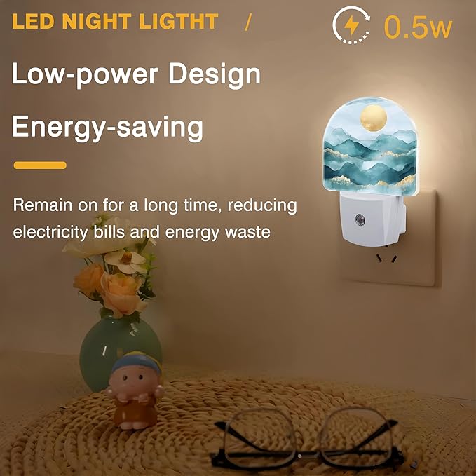 Night Lights Plug into Wall Abstract Mountains and Sun Night Light Dusk to Dawn Smart Sensor Decorative Round Led Lamp for Bedroom Kitchen Hallway Nightlight for Women Men