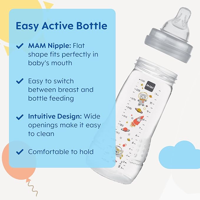 MAM Easy Active Baby Bottles 11oz, Fast Flow Skinsoft Silicone Nipple with Wide Neck Ergonomic Design, Easy to Hold, BPA-Free, Bottles with Leak-Proof Caps for 4+ Months Baby