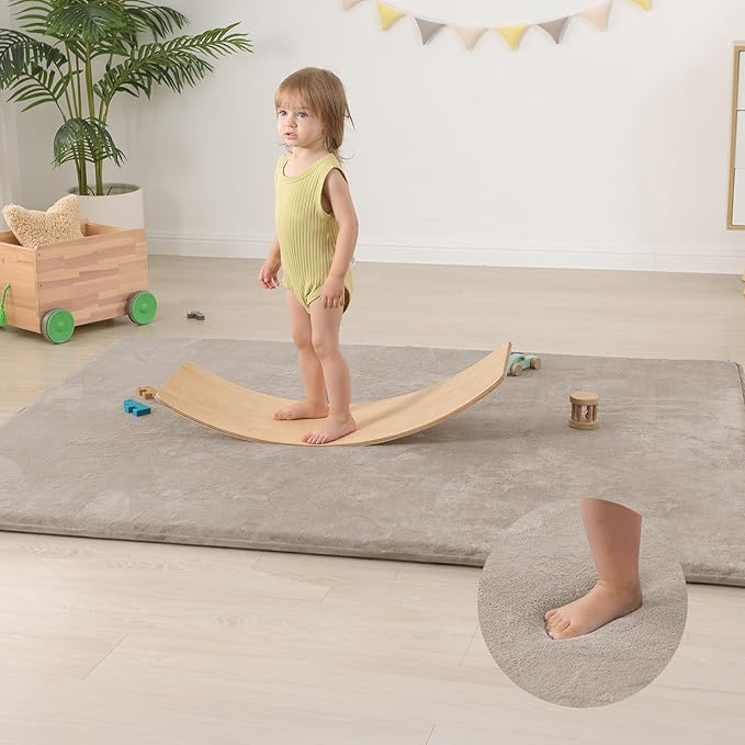 Baby Play Mat for Floor,1.3" Thick Elasti-Foam 50"×74" Playpen Mat for Tummy Time,Water Repellent Soft Coral Velvet for Toddler,Infant,Kids,Non-Slip Backing Safe for Crawling(Beige)