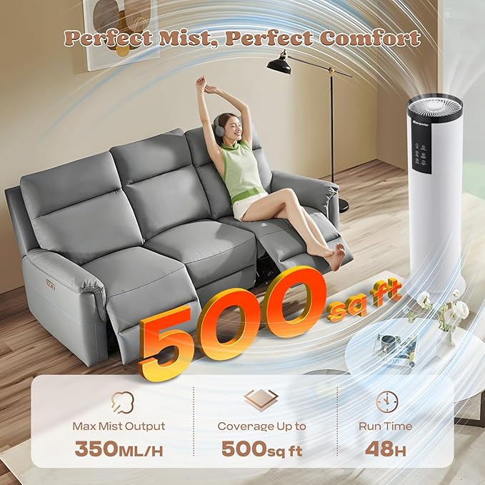 Moongiantgo 12L/3.17Gal Humidifiers for Large Room 500 sq.ft, 350ML/H Mist Output Cool Mist Humidifier with 4 Mist Modes&24H Timer, Quiet Humidifier with Aromatic Diffusion for Home Bedroom Baby Plant