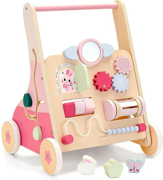 PairPear Wooden Baby Walker Push and Pull Learning Activity Walker, 8-in-1 Montessori Busy Board Push Walker Wooden Activity Center Toys for Boys and Girls 12m+ （Pink Rabbit）