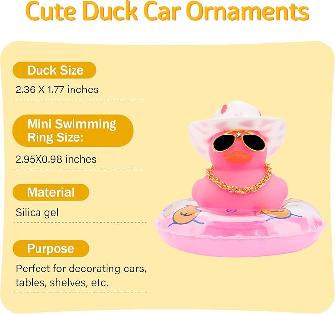 wonuu 2Pcs Car Dashboard Decorations Color Ducks, Rubber Duck for Car Ornament Accessories with Mini Hat Sunglasses Necklace and Swim Ring, A_Pink Duck+Pink Cowboy&Pink Spots Cowboy