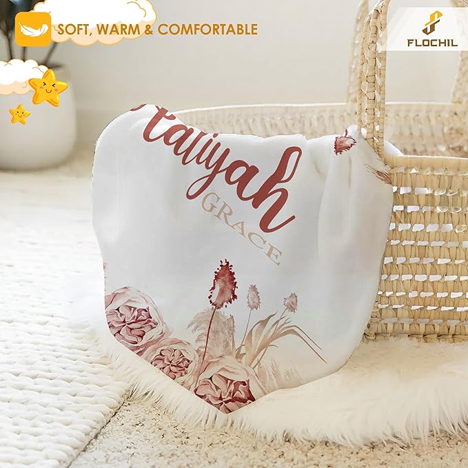 FLOCHIL Personalized Baby Blankets, Custom Baby Blanket - Baby Blanket with Name for Girls, Best Gift for Newborn Floral Plush Fleece (30x40)