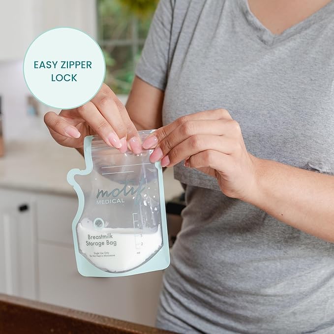 Motif Medical Breastmilk Storage Bags - Freezer Bag w/Easy Pour Spout, Write-On Label - Leak-Proof Double Zipper Milk Bags for Breastmilk - Ideal Breastfeeding Mom Gifts (6 oz, 90 Count)