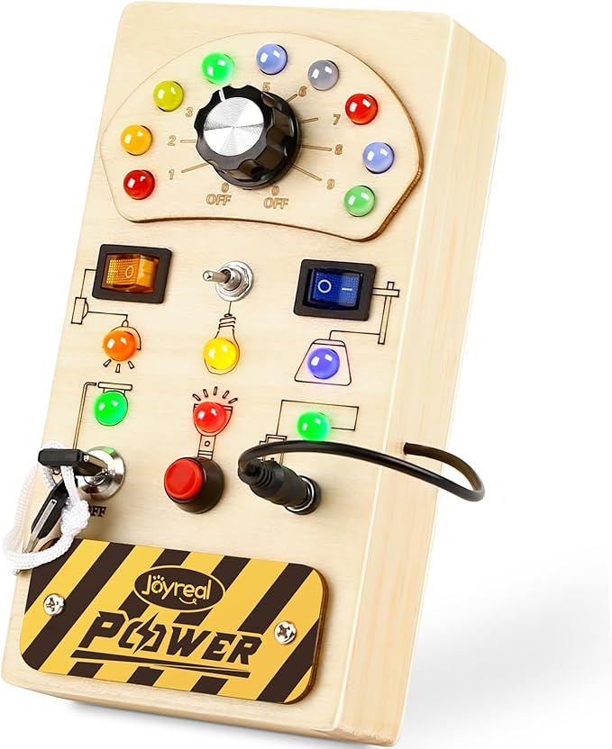 Joyreal Toddler Busy Board, Wooden Montessori Busy Board Sensory Board with LED Light Switch, Sensory Toys Baby Fidget Board Travel Toys for Toddler