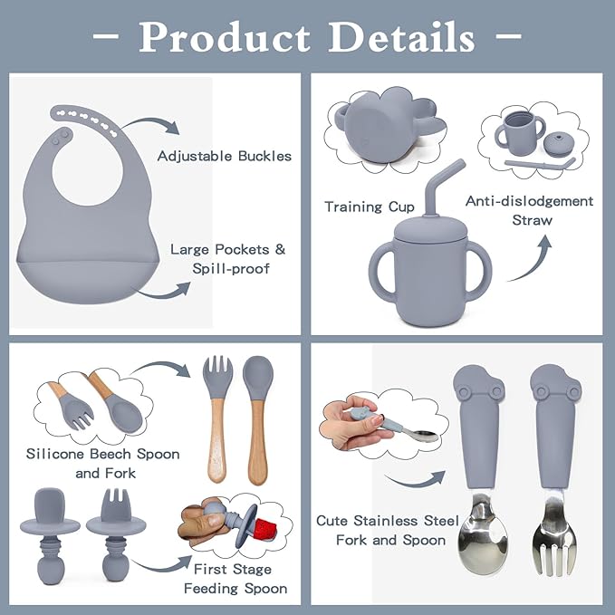 Silicone Baby Feeding Set - 10PCS Suction Baby Bowl and Divided Toddler Plates Adjustable Bib Cup Spoons Forks -Baby Led Weaning Supplies, Baby Utensils Eating Essential Set for 6+ Months