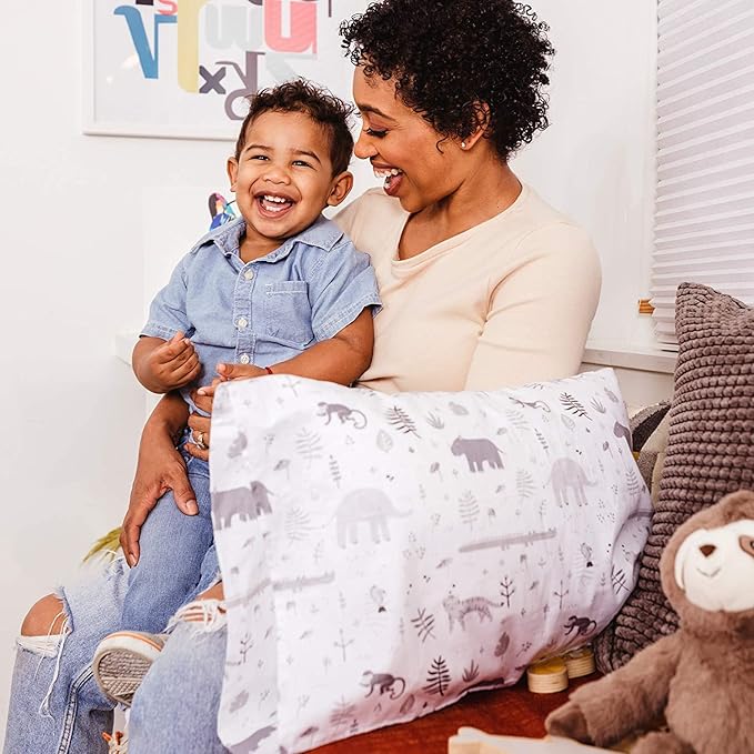 WeeSprout Toddler Polyester Organic Cotton Shell and Pillowcases, Small Kids Pillow, Soft and Supportive Polyfiber Filling, Machine Washable, 18 x 13 x 3 (White + Safari Print, 3 Piece Set)