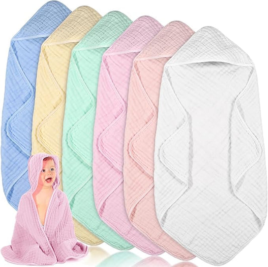 Peryiter 6 Pcs Muslin Hooded Baby Towels, 32"x 32" Cotton Newborn Bath Towel Muslin Infant Baby Blankets Absorbent Unisex Newborn Registry Gift Essentials for Girls Boys (Light Color Series)
