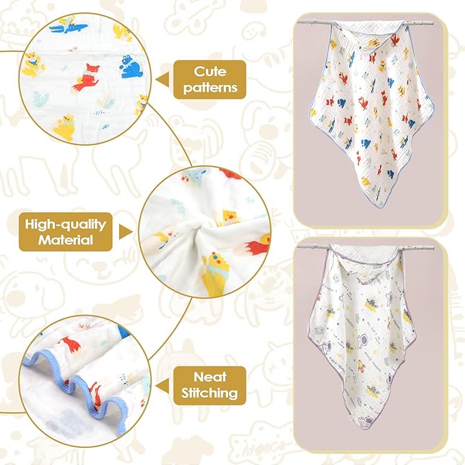 Baby Bath Towels 100% Muslin Cotton Hooded Baby Towels 2 Pack Shower Gifts for Newborn, Infant, Toddler, Kids,Super Soft and Absorbent, Large 35x35Inches