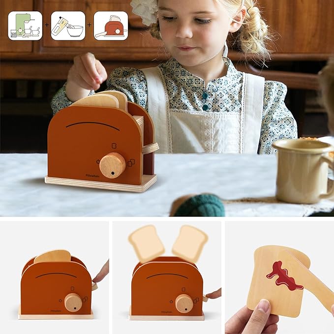 3-in-1 Wooden Café Playset Bundle – Pretend-Play Coffee Maker, Hand Mixer & Pop-Up Toaster with Accessories for Toddlers 3+