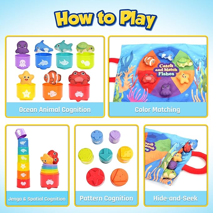 ZOOI Toddler Montessori Toys for 1-3 Year Old, 24PCS Cloth Fishing Game with Stacking Cups for Hand-Brain Coordination, Sensory Baby Toys 6-12 Months, 1-3 Year Old Girl Boy Birthday Gifts