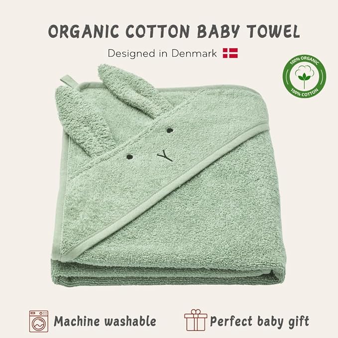 Baby Hooded Towel – Organic Cotton Baby Bath Towels – Baby Towels, Baby Bath Towels for Baby Boy, Baby Girl, 32" x 32" Super-Soft and Absorbent Baby Towels for Newborn (Rabbit Roman Green)