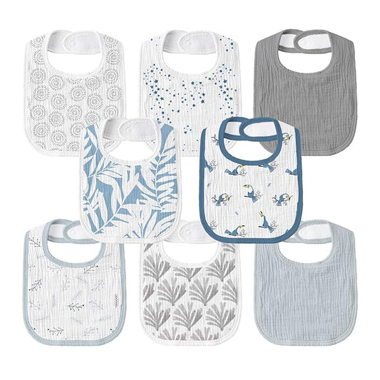 GLLQUEN BABY Muslin Drool Bibs for Boys Girls 8 Pack, Adjustable Baby Bibs for Drooling and Teething, Soft Cotton Baby Bandana Bib for Newborn Feeding Essentials (Toucan)