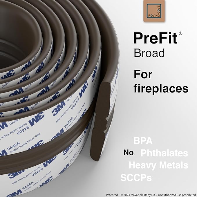 Roving Cove PreFit (Broad) Fireplace Edge Corner Protector (Extra Wide 9ft Edge 2 Corners), Baby Proofing Bumper Guards, Coffee Brown, Pre-Taped, for Straight Surfaces - New & Improved