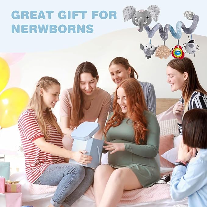 Jollybaby Crib Stroller Car Seat Toys for Baby 0-3-6-9-12 Months, Tummy Time Hanging Sensory Toys for Newborn with Music Box and Teether, Spiral Carseat Toy for Boys Girls Gifts (09-Sz Gray Elephant)