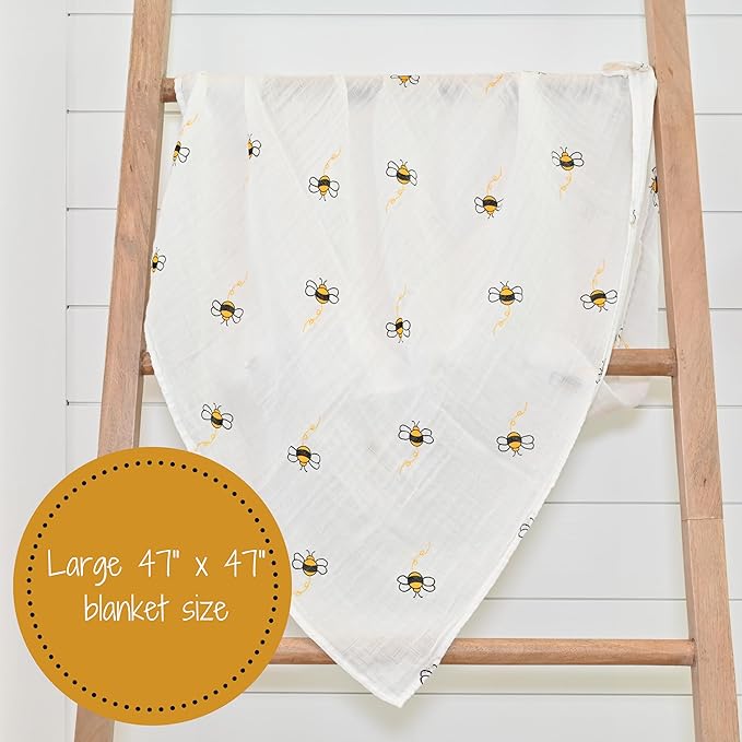 LollyBanks Baby Blanket, 100% Cotton Muslin Swaddle Blankets for Boys and Girls, Large 47 x 47 Inches Newborn Blanket, Soft and Breathable Baby Swaddle, Newborn Essentials, Registry (Bee Print)