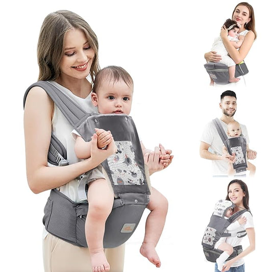 Baby Carrier with Hip Seat, 6 in 1 Baby Carrier Newborn to Toddler, Adjustable Infant Carrier with Hood, All Seasons & All Position Baby Holder Carrier for 0-36 Months