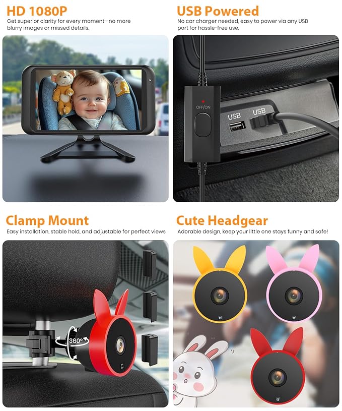 Babyvue BV2 Baby Car Camera, 4.5'' HD 1080P USB Rear-Facing Mirror, IR Night Vision, 360° Adjustable, Plug & Play Backup Monitor for Child & Pet Safety