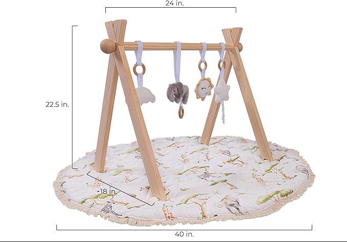 Montessori Wooden Baby Play Gym and Mat | Heirloom-Quality FSC Pine, Reversible Washable Mat, Includes Hanging Toys | Neutral Baby Activity Gym for Newborn to 6 Months