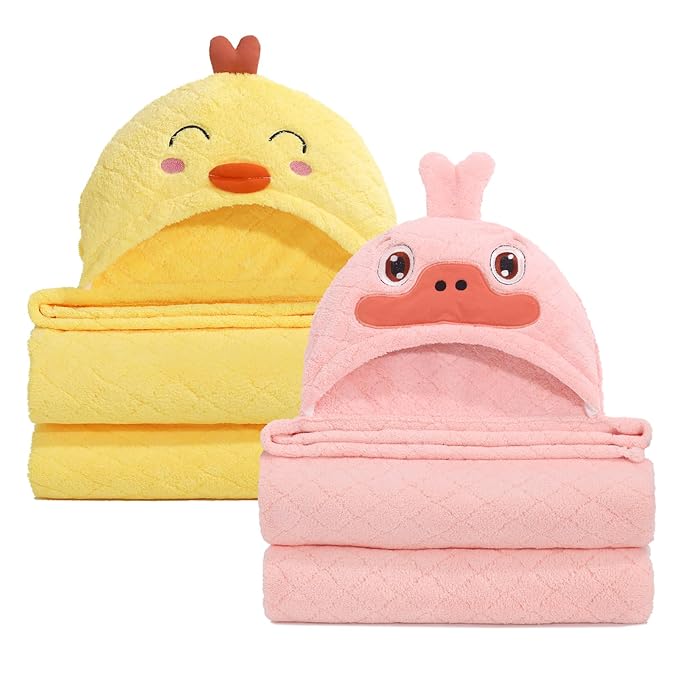Baby Bath Towels with Hood,2 Pack Animal Hooded Toddler Bath Towel Baby Bath Towels Hooded Kids Towel for Boy Girl Baby Towels with Hood (32 x 50 Inch, L x W),Yellow Chick & Pink Duck