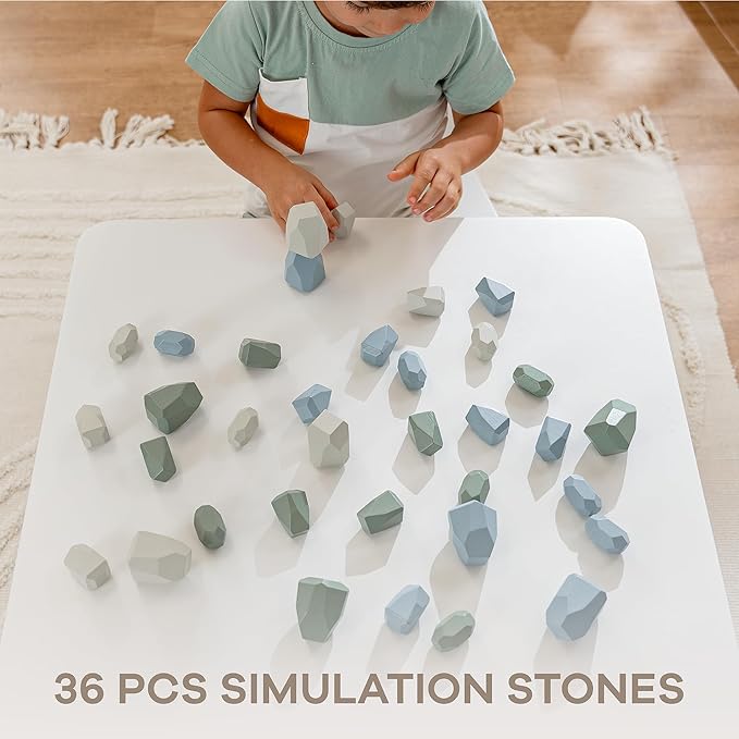 Comfy Cubs Stacking Rocks 36 Pieces, 36 Months+, Educational Toddler Stacking Blocks, Promotes Imagination, Balance & Fine Motor Skills - Wooden Rocks Sensory Toys Gift for Kid, Boy Pack