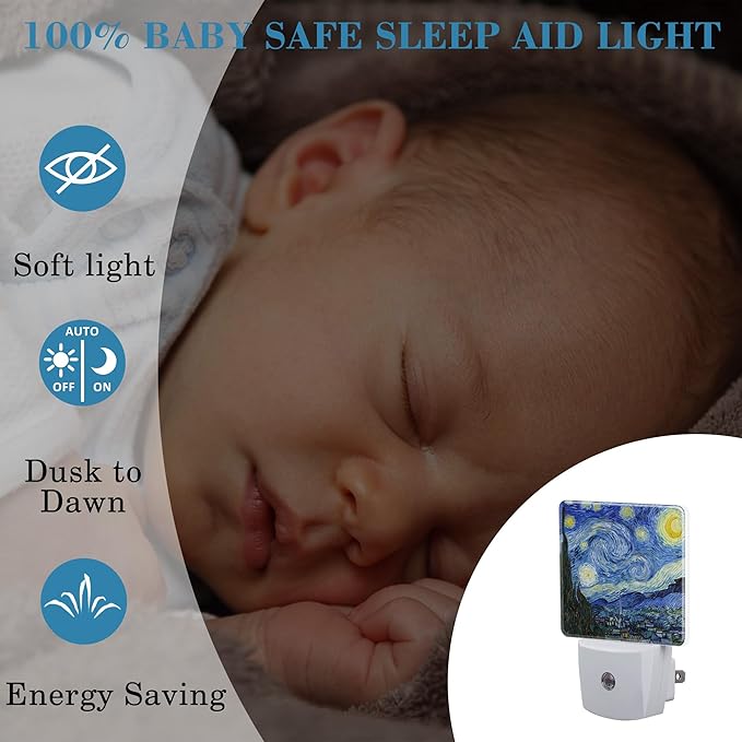 Starry Night Oil Painting Night Light with Dusk to Dawn Sensor for Kids, Rooms, Hallways, Kitchens, Bathrooms, Nurseries, Stairs