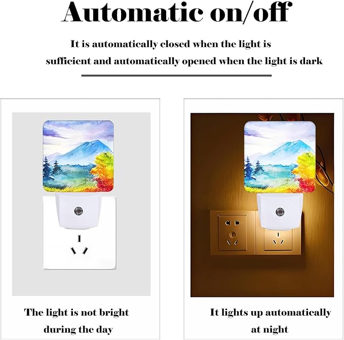 Watercolor Mountains and Forest Night Light,Plug Into Wall for Boys Girls Bedroom Decorative Square Night Light Lamp 0.5w Sleep Friendly
