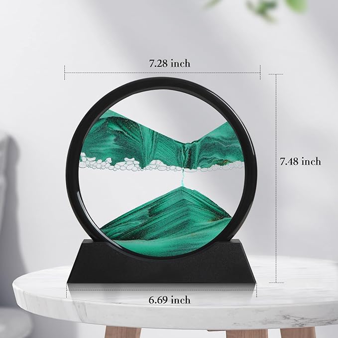 Moving Sand Art Liquid Motion, 3D Deep Sea Sandscape Color Quicksand Decor, Round Glass Moving Sand Art Picture Relaxing Desktop Home Office Work Decor (Green, 7 inch)