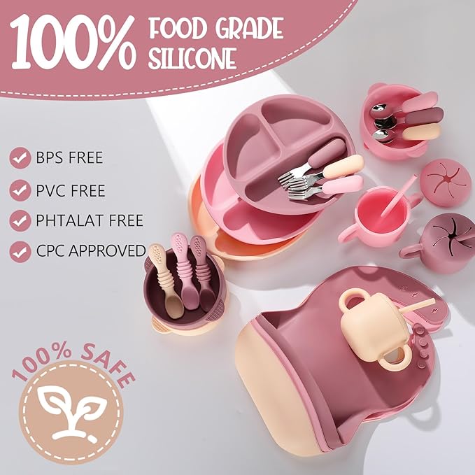 24 Pack Silicone Baby Feeding Set Baby LED Weaning Supplies Includes Suction Divided Plates Soft Bowl Spoons Forks Adjustable Bib Snack Cup and Straws(Pink, Dark Pink, Nude)